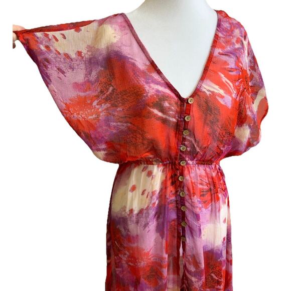 Abstract Floral Swim Coverup Artsy M Maxi Dress Sheer Coastal Pink Red Sexy Boho - Picture 1 of 10
